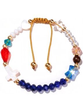 Anthropologie Multicolor Crystal Star & Cross Bead Bracelet with Gold Cord